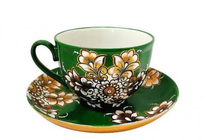 Фото - Чайная пара фарфоровая Хохлома Зеленый фон 250 мл