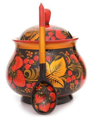 Фото - Сахарница Хохлома с крышкой и ложкой "Сладкоежка" 11,5 см