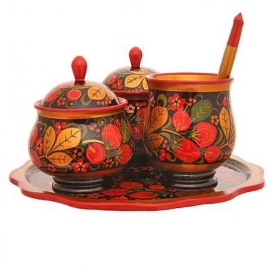 Фото - Столовый набор с подноом Традиционная хохлома 5 предметов  Фото - Столовый набор с подноом Традиционная хохлома 5 предметов