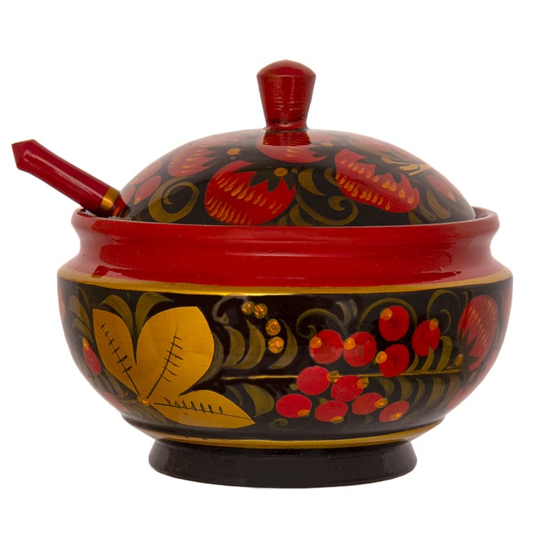 Фото - Хохломская сахарница с ложкой авторская "Росинка" 13 х 13 см