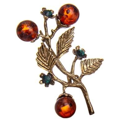 Фото - Брошь дизайнерская с янтарем и стразами Веточка 5 х 3 см
