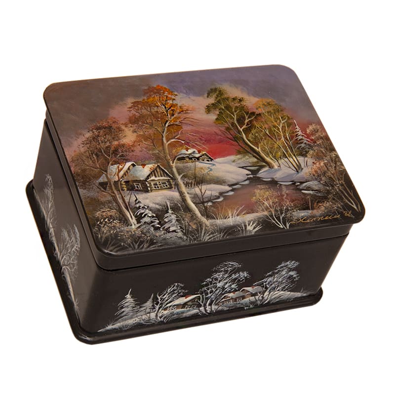 Фото - Шкатулка лаковая миниатюра с перламутром Зимняя деревня 11 х 5 см