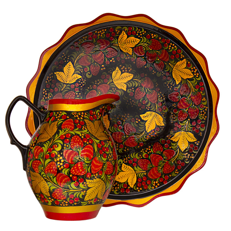 Фото - Хохломской набор для сока с фарфоровым кувшином 8 предметов