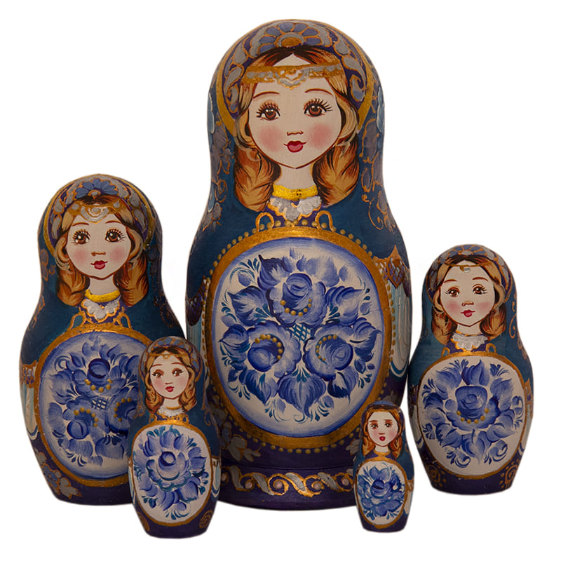 Фото - Авторская деревянная матрешка Гжельский узор 5 мест 19 см