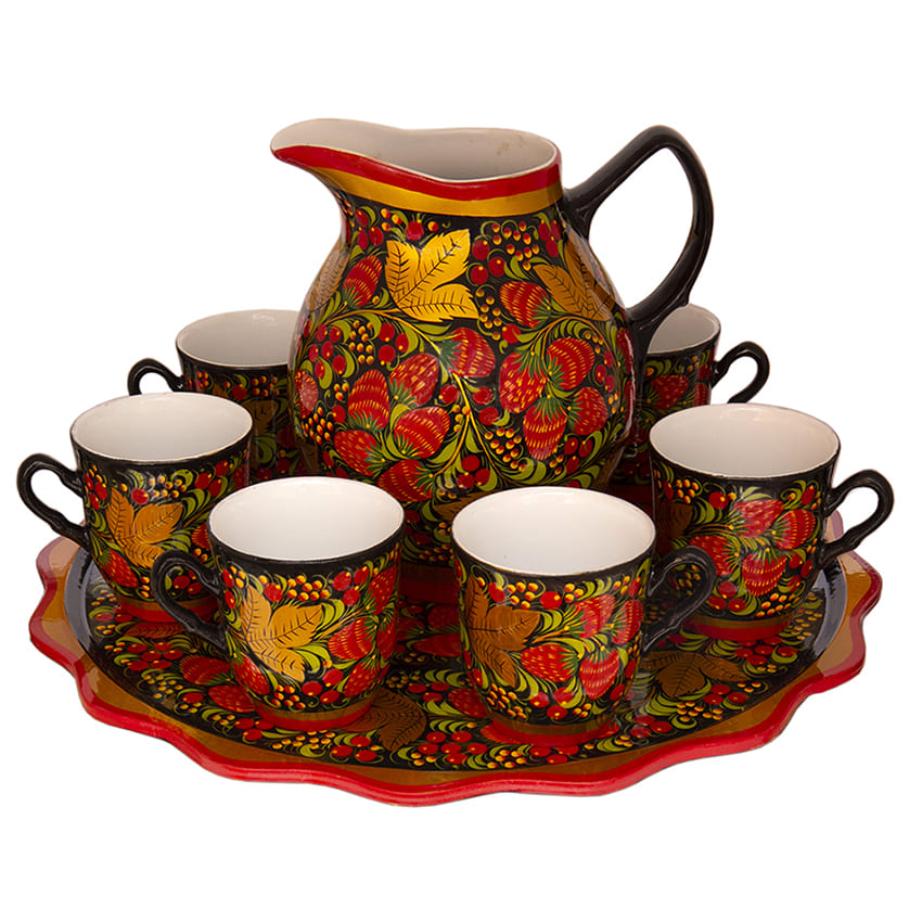 Фото - Хохломской набор для сока с фарфоровым кувшином 8 предметов