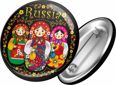 Фото - Круглый значок Матрешки Russia черный фон 4,4 см Фото - Круглый значок Матрешки Russia черный фон 4,4 см