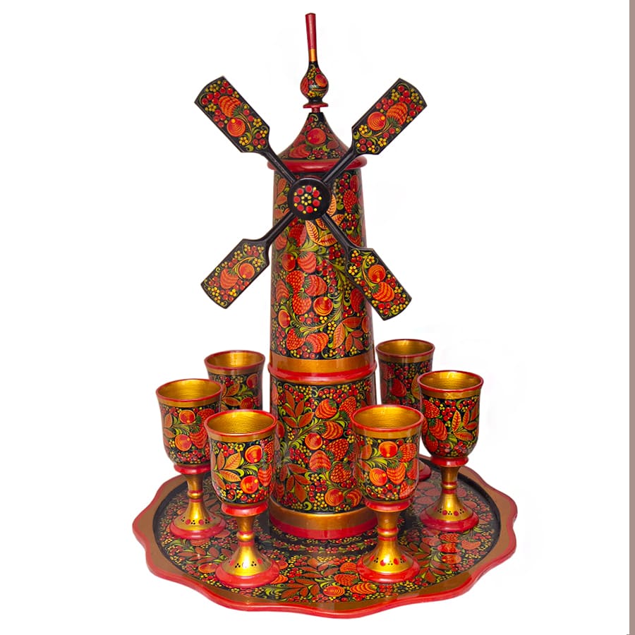 Фото - Набор авторский для вина Хохлома "Мельница" 8 предметов