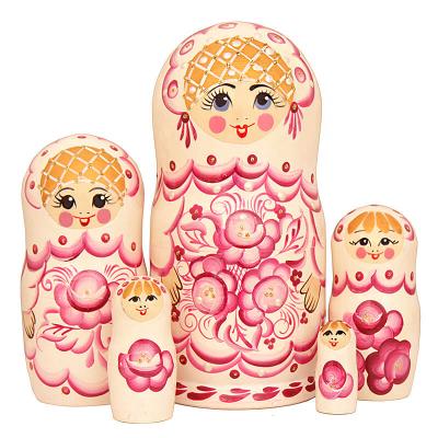 Фото - Матрешка белый фон Розовые розы 17 см 5 мест 