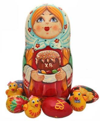 Фото - Пасхальные сувенир - Матрешка 17 см с яйцами писанками и цыплятами