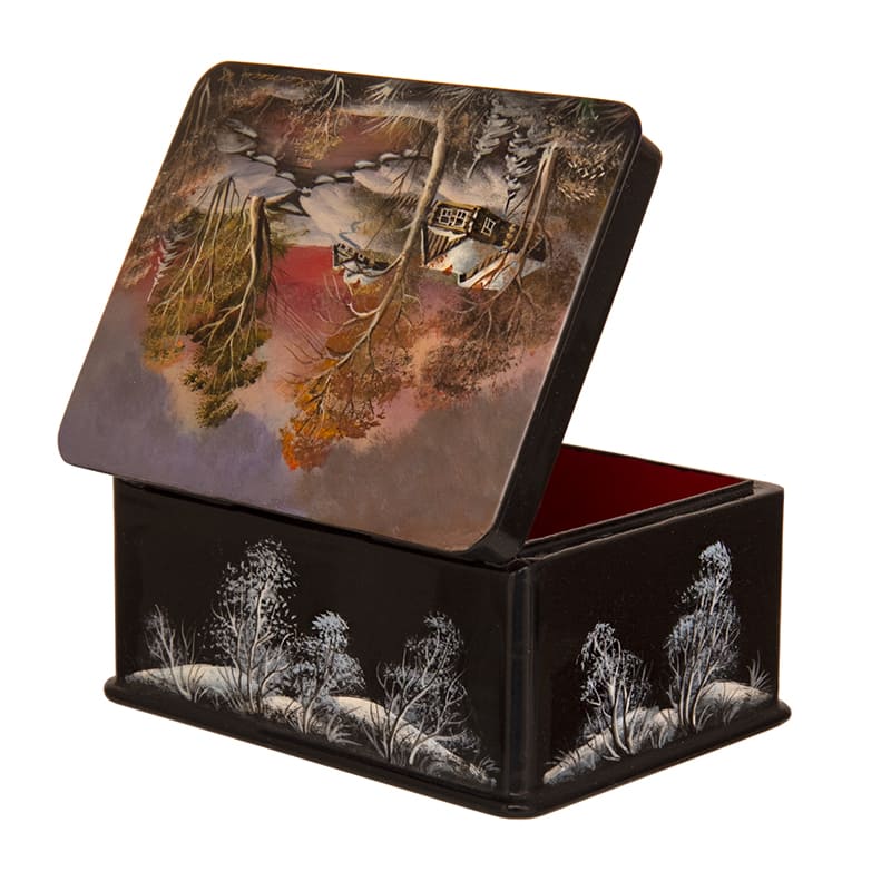 Фото - Шкатулка лаковая миниатюра с перламутром Зимняя деревня 11 х 5 см