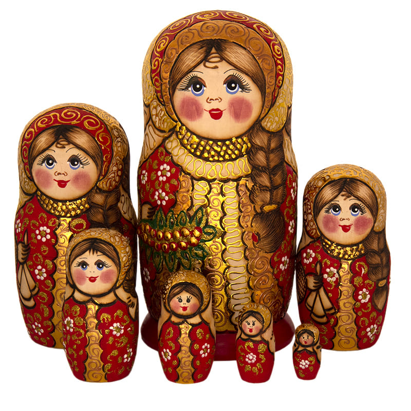 Фото - Матрешка деревянная жженка Красный фон 7 мест 21 см