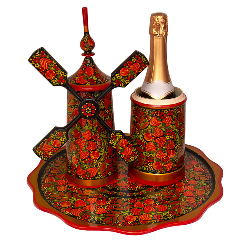 Фото - Набор авторский для вина Хохлома "Мельница" 8 предметов