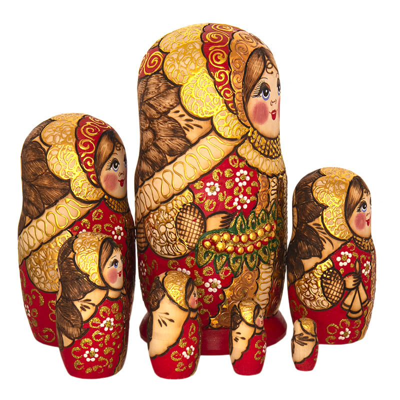 Фото - Матрешка деревянная жженка Красный фон 7 мест 21 см