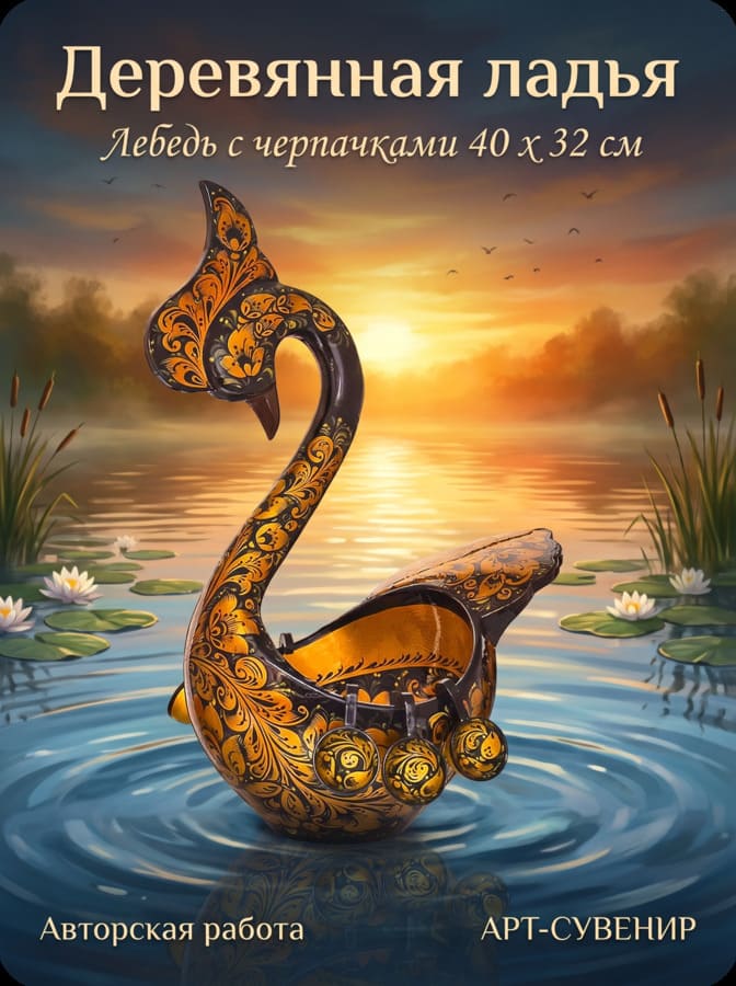 Фото - Авторская ладья Лебедь Торжество с черпачками 30 х 42 см