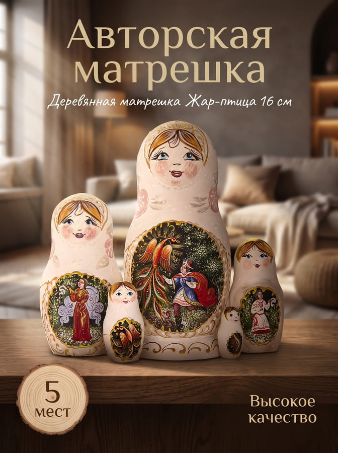 Деревянная матрешка авторская Жар-птица 5 мест 16 см Деревянная авторская матрешка Жар-птица