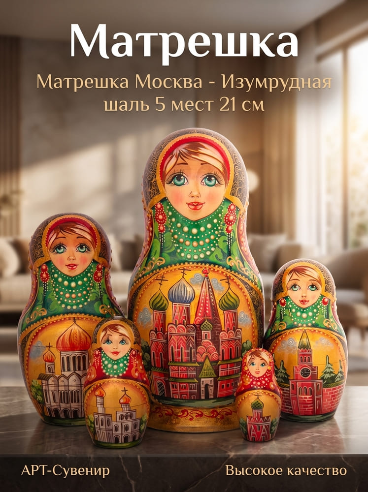 Фото - Матрешка «Москва в изумрудной шали» — авторская ручная работа, 5 мест 21 см