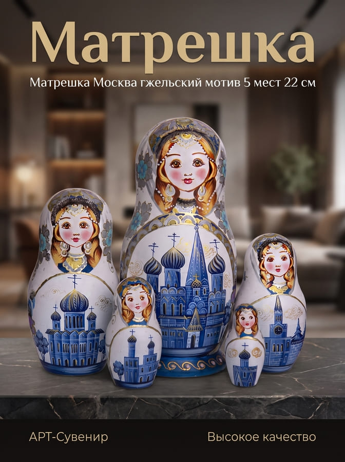 Фото - Матрешка деревянная Москва гжельский мотив 5 мест 22 см 