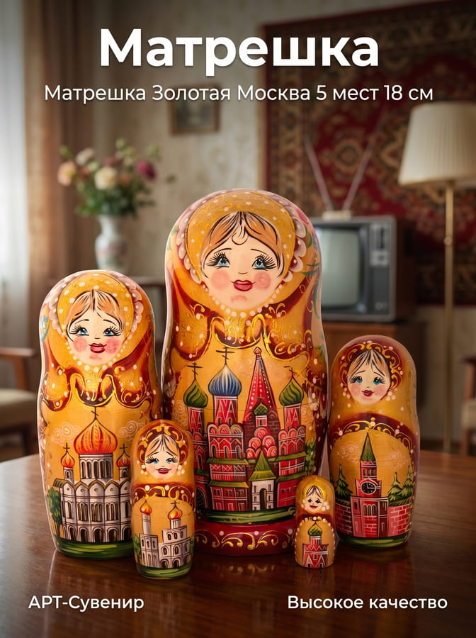 Фото - Матрешка традиционная Москва золотая шаль 5 мест 17 см