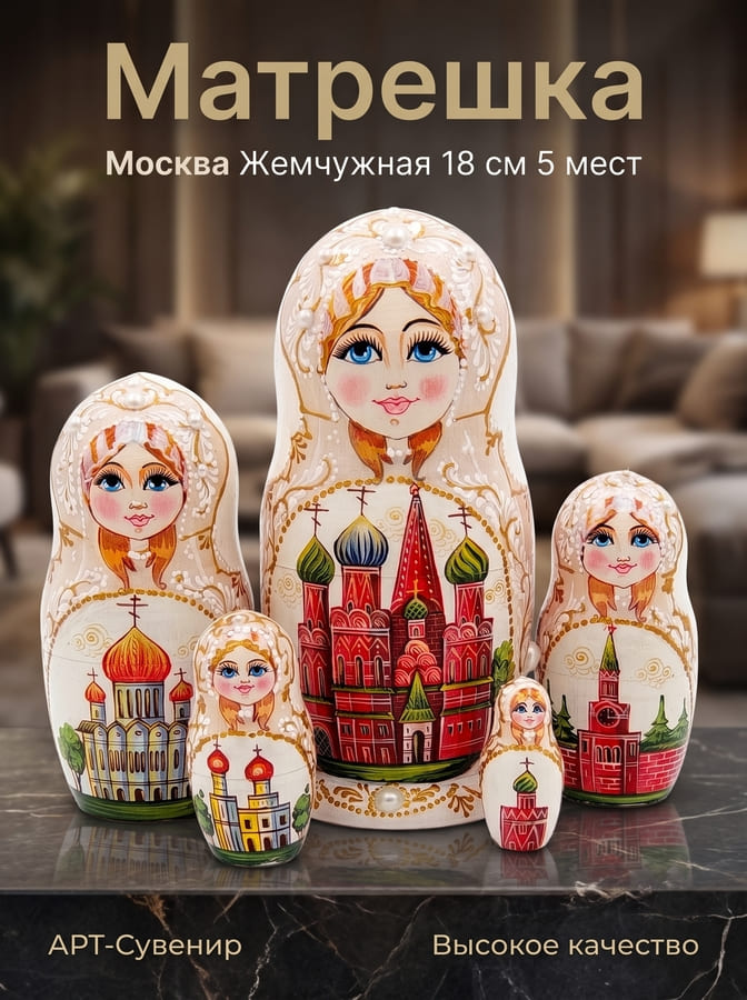 Фото - Матрешка авторская деревянная Москва жемчужная 18 см 5 мест